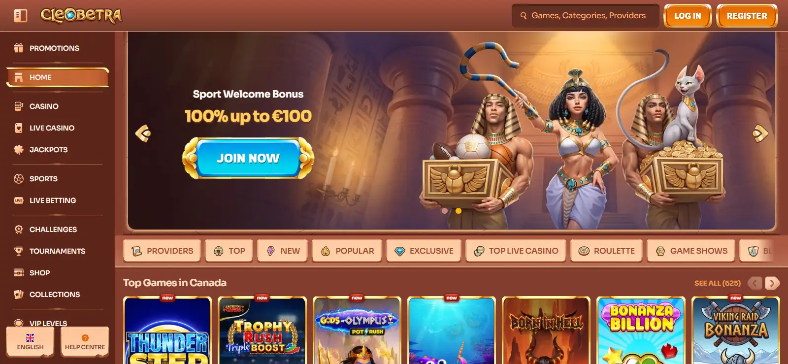 Cleobetra casino lobby interface showing current navigation and game presentation